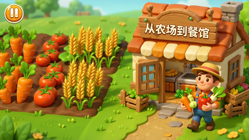 一款以农场种植和餐馆经营为主题的手机游戏画面,主视觉是一片绿意盎然的农田与一座温馨的小餐馆并排而立,农田中种满胡萝卜、番茄和小麦,餐馆门口挂着木质招牌写着从农场到餐馆,一位卡通农场主手捧新鲜蔬菜走向餐馆后厨,色彩明亮温暖,采用卡通渲染风格,细节丰富,画质清晰干净,无多余元素