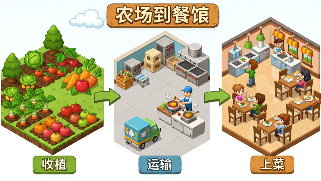 从农场到餐馆游戏中的产业链流程图,左侧是农田区域种植着多种蔬菜和水果,中间是加工车间和厨房,右侧是繁忙的餐馆用餐区,用箭头串联起种植、收获、运输、烹饪、上菜五个环节,画面采用等距视角卡通风格,色彩层次分明,文字标注从农场到餐馆,画质干净清晰,无多余装饰