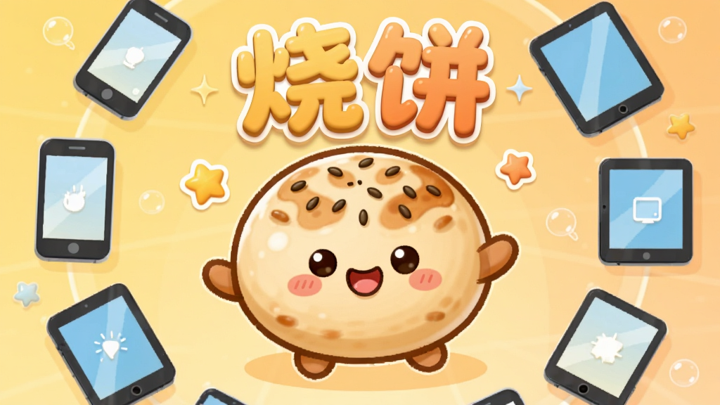 画面中央放置一个圆润可爱的卡通烧饼形象,烧饼表面点缀着芝麻,表情俏皮活泼。烧饼周围环绕着手机、平板等移动设备图标,以环形布局排列,整体采用扁平化插画风格。背景选用暖黄色到浅橙色的渐变,营造温馨轻松的氛围。画面中可加入