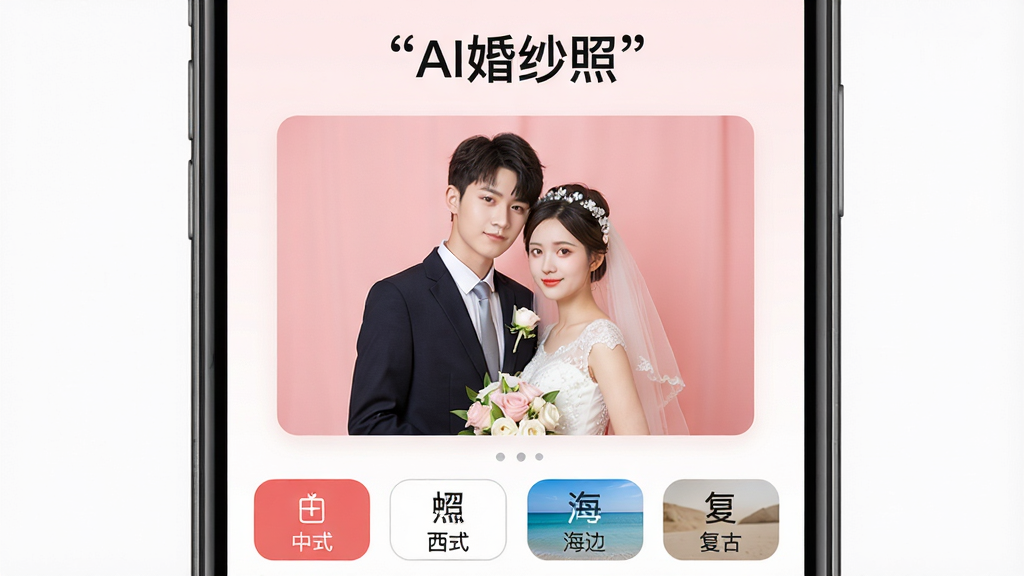 一张手机屏幕展示AI婚纱照应用主界面,画面中央是一对年轻情侣的婚纱照预览图,背景为浅粉色渐变,界面下方排列着中式、西式、海边、复古四种风格按钮,整体风格清新简约,画质清晰,干净无多余元素,屏幕上方用引号标注文字