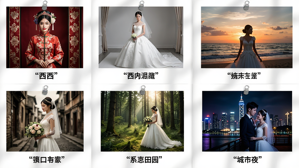 一张AI婚纱照风格模板展示墙,画面以网格布局呈现六种不同风格的婚纱照缩略图,包含中式秀禾、西式白纱、海边日落、复古街拍、森系田园、城市夜景,每张缩略图下方用引号标注风格名称,整体排版整齐,风格统一,画质高清,干净无多余元素