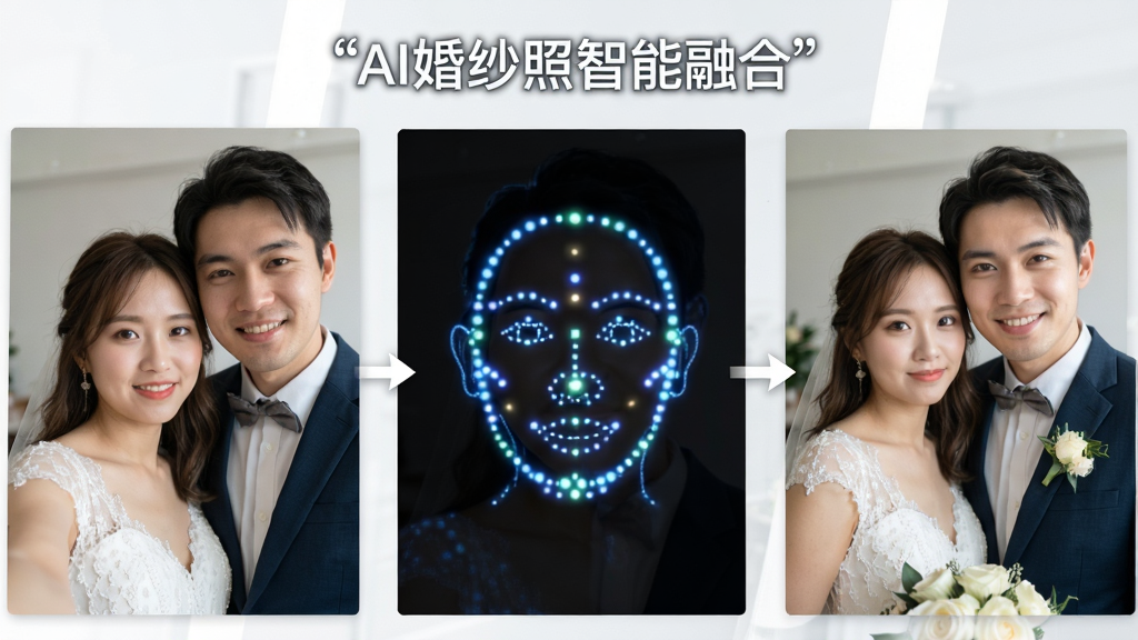 一张AI婚纱照面部融合过程示意图,画面左侧为一张普通情侣自拍照,中间为面部特征提取的可视化光点图,右侧为融合完成的婚纱照成片,整体布局从左至右呈现流程感,风格科技简约,画质清晰,干净无多余元素,图片上方用引号标注文字