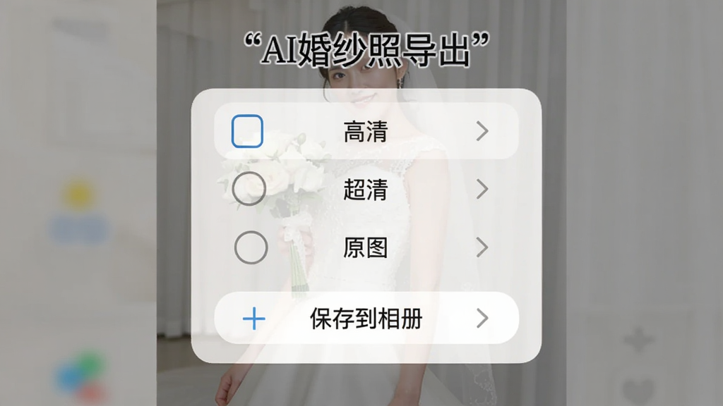 一张手机界面展示AI婚纱照导出设置弹窗,画面中央是导出分辨率选项列表,包含高清、超清、原图三个选项,下方有保存到相册按钮,背景为浅灰色半透明遮罩,整体风格简洁实用,画质清晰,干净无多余元素,弹窗顶部用引号标注文字