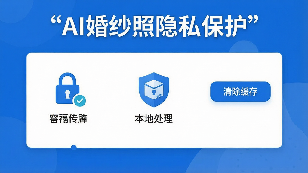 一张AI婚纱照隐私安全设置页面示意图,画面展示加密传输图标、本地处理标识、清除缓存按钮等元素,整体布局清晰,风格安全可靠,色调以蓝色和白色为主,画质清晰,干净无多余元素,页面顶部用引号标注文字