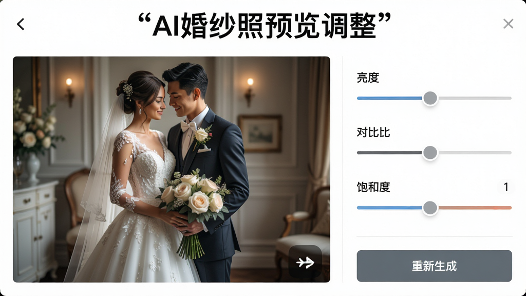 一张AI婚纱照实时预览调整界面,画面左侧为婚纱照预览图,右侧为亮度、对比度、饱和度调节滑块,底部有重新生成按钮,整体布局左右分栏,风格直观易用,画质清晰,干净无多余元素,界面顶部用引号标注文字