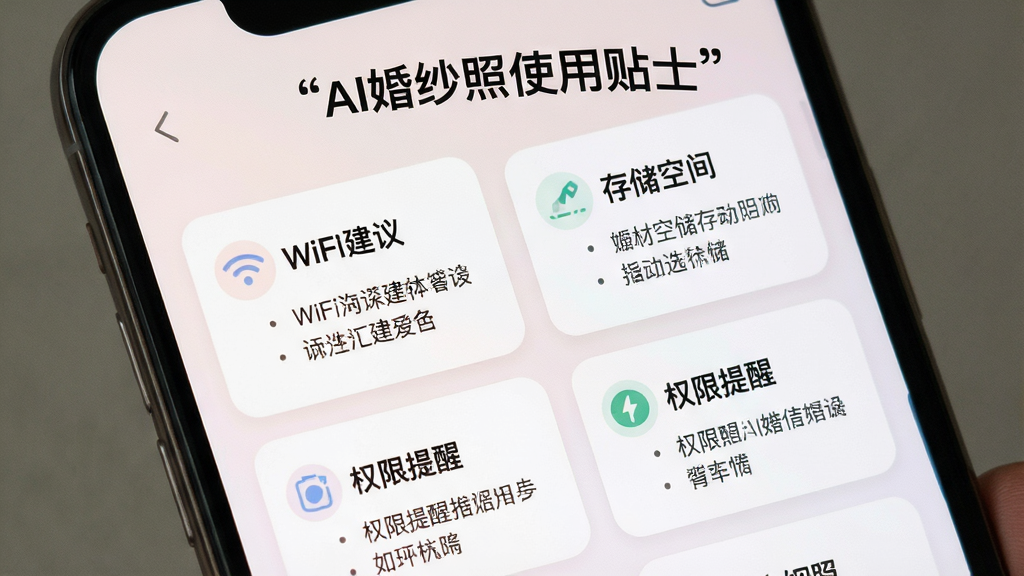 一张手机屏幕展示AI婚纱照使用小贴士提示页面,画面以卡片式布局列出WiFi建议、存储空间、权限提醒等要点,整体风格清爽,色调柔和,画质清晰,干净无多余元素,页面顶部用引号标注文字