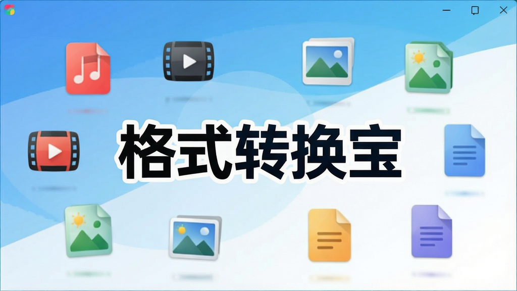 一张展示格式转换宝软件主界面的图片,画面中央是软件名称“格式转换宝”的醒目Logo,周围环绕着音频、视频、图片、文档等各类文件格式图标,背景为清爽的蓝白渐变色调,整体风格简洁现代,布局清晰,画质干净明亮,无多余元素