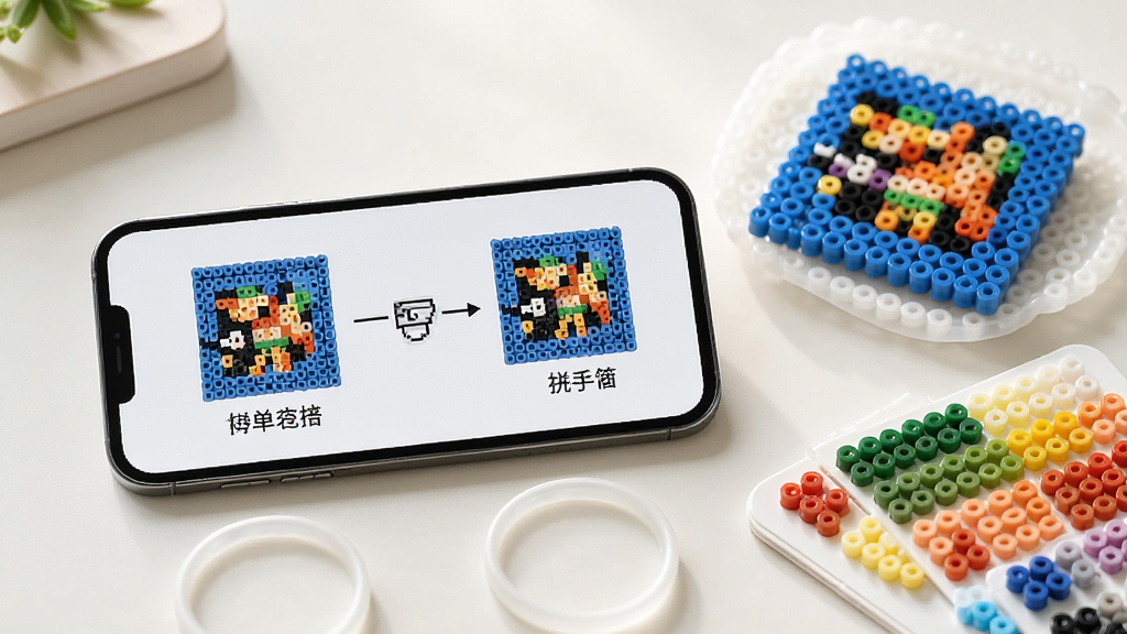 拼豆画新手操作示意图,画面展示一部手机放置在桌面上,屏幕中显示像素图纸转换步骤的简单流程图,旁边有拼豆成品和色卡作为参考,整体风格简洁明快,光线柔和,画质清晰,画面干净无多余装饰