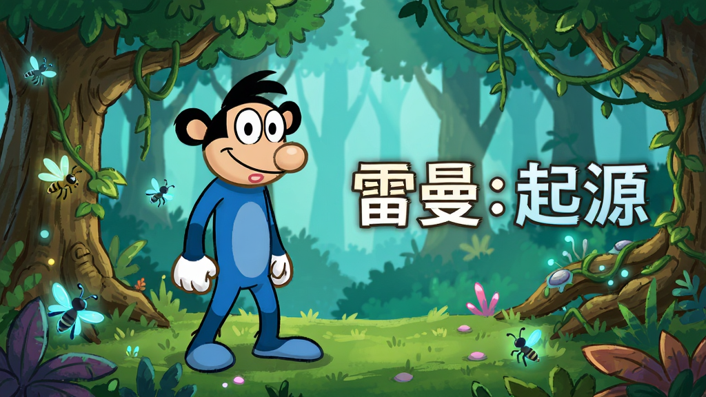 雷曼:起源游戏主界面,主体为雷曼角色站在绚丽森林中,布局采用横版构图,左侧显示角色立绘,右侧展示游戏标题
