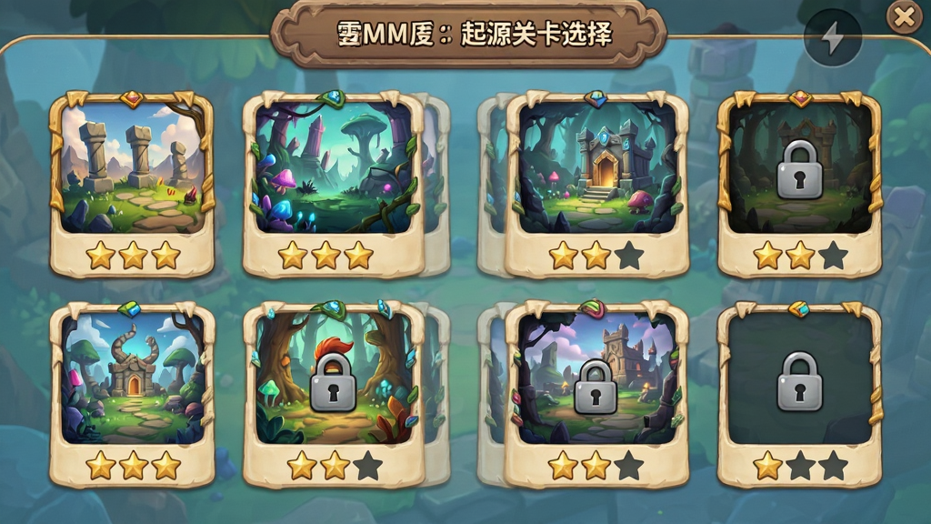 雷曼:起源关卡选择界面,主体为多个关卡入口图标,布局为网格排列,排版清晰有序,风格为卡通奇幻,细节包括不同场景缩略图、星级评价、锁定状态,画质精细,干净整洁