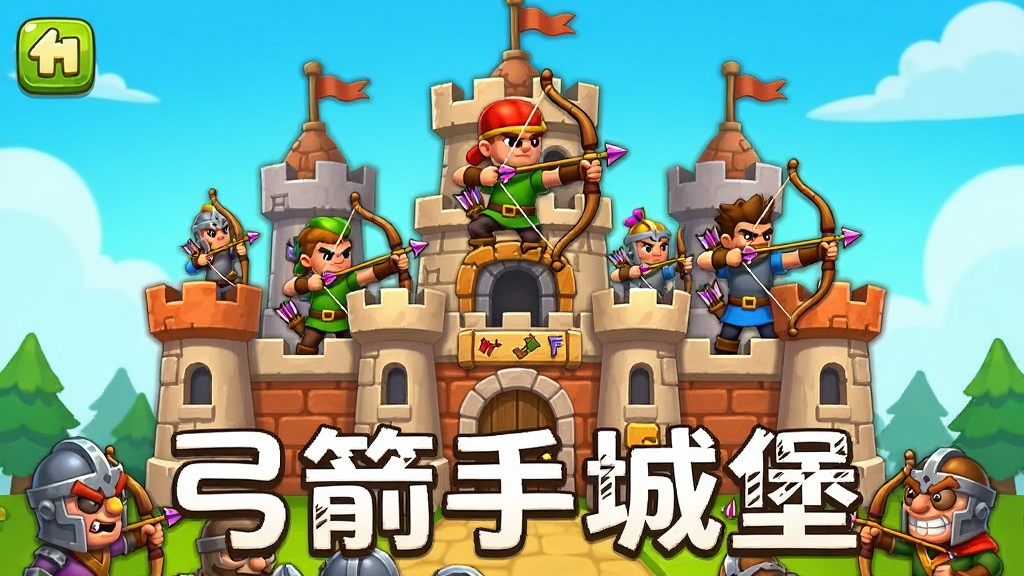 一张卡通风格的手机游戏宣传图,画面中央是一座宏伟的弓箭手城堡,城堡上站着多位手持弓箭的英雄角色,城堡前方有敌人正在进攻,画面采用明亮鲜艳的色彩,整体布局为横向构图,风格为休闲游戏宣传海报,细节包括城堡的砖墙纹理、弓箭手的拉弓动作、敌人的滑稽表情,画质清晰干净,无多余元素,图片中打文字