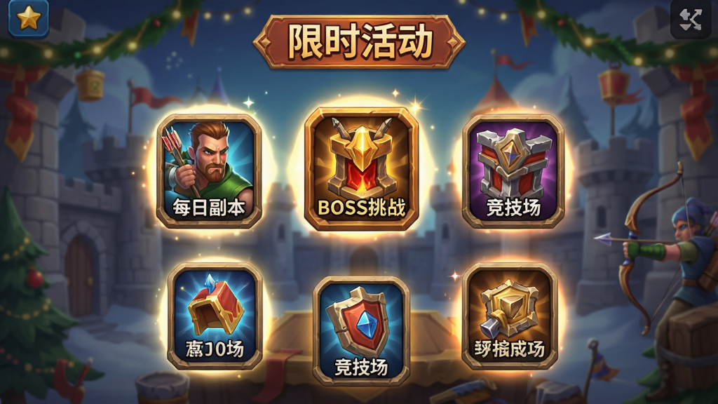 一张展示弓箭手城堡游戏活动界面的图片,画面中有多个活动入口图标,如每日副本、BOSS挑战、竞技场等,每个图标都有精美的插画风格,布局为环形或列表式排列,风格为游戏活动中心界面,细节包括图标的光效、背景的节日氛围装饰,画质清晰干净,无多余元素,图片中打文字