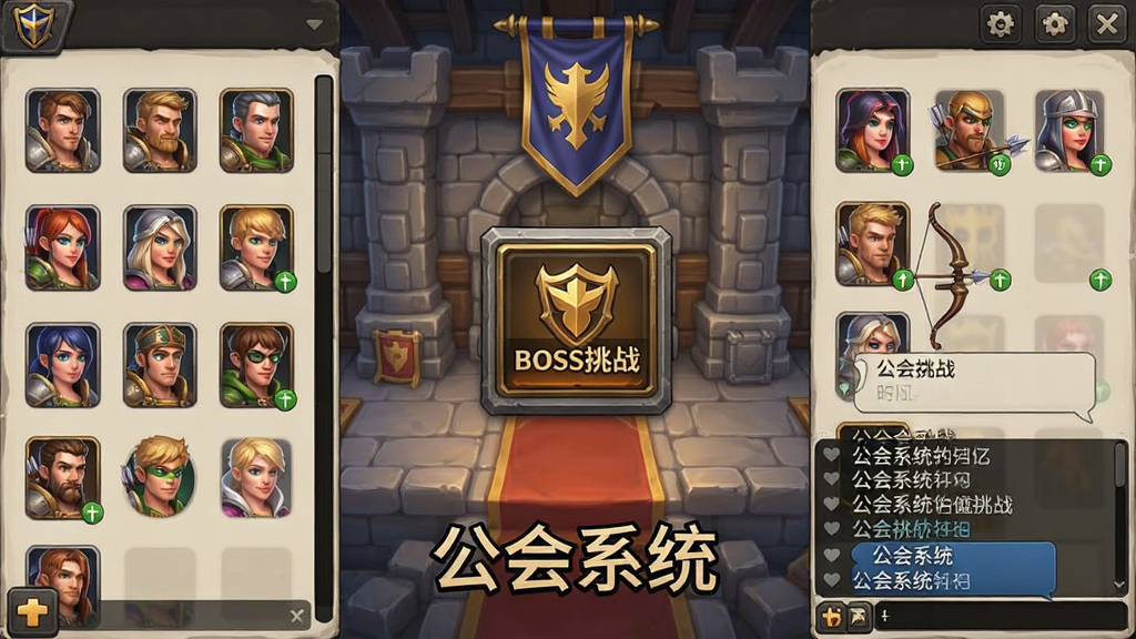 一张弓箭手城堡游戏公会界面的图片,画面中显示公会大厅场景,多位玩家角色头像排列在成员列表中,中央有公会BOSS挑战入口,布局为左右分栏,风格为社交游戏界面,细节包括聊天窗口的对话气泡、公会旗帜,画质清晰干净,无多余元素,图片中打文字