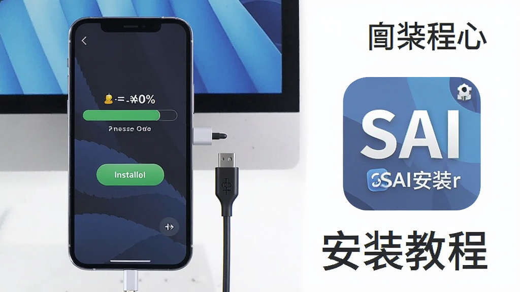 一张展示手机游戏安装教程的图片,画面中有一部手机和电脑连接,手机屏幕上显示安装进度条,旁边有SAI安装器的图标,布局为左右对比展示,风格为科技教程类插图,细节包括数据线、安装按钮、进度百分比,画质清晰干净,无多余元素,图片中打文字