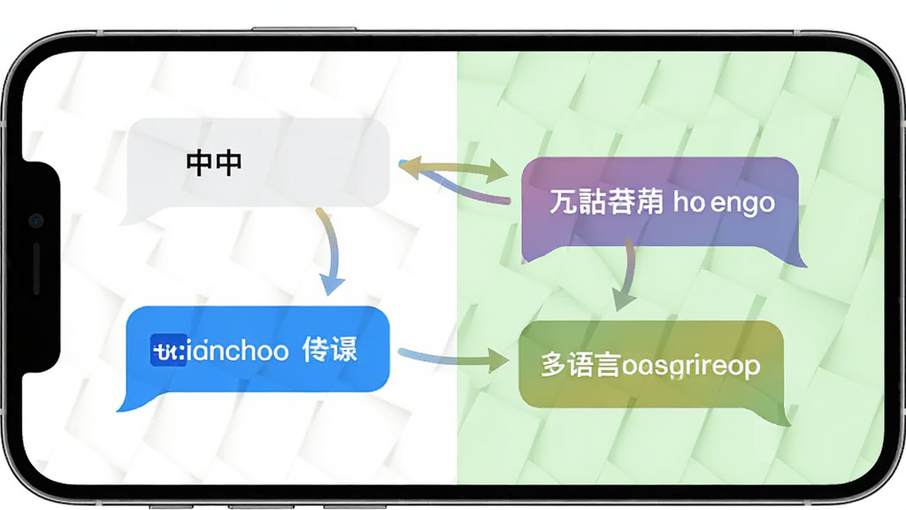 科乐快翻多语言翻译功能展示,画面中一部手机横屏放置,屏幕内显示中英日韩四种语言的对话气泡相互连接,背景为白色与淡绿色交织的简约风格,布局采用左右对称结构,细节包含翻译箭头与语言标签,画质清晰,干净,无多余元素