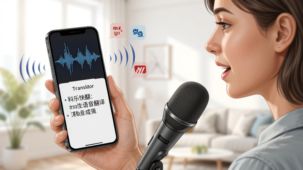 科乐快翻语音翻译功能展示,画面中一位用户手持手机对着麦克风说话,手机屏幕显示声波图形与翻译结果文字,背景为明亮的室内环境,布局采用人物与手机特写结合,风格为写实插画,细节包含语音波纹与语言图标,画质清晰,干净,无多余元素