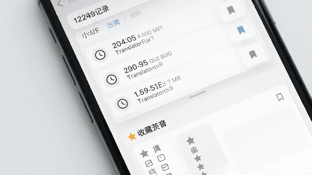 科乐快翻历史记录与收藏界面展示,画面中一部手机屏幕显示按时间排列的翻译记录列表与星标收藏夹,背景为浅灰色与白色搭配,布局采用上下分层结构,风格为极简卡片式设计,细节包含时钟图标与书签标记,画质清晰,干净,无多余元素