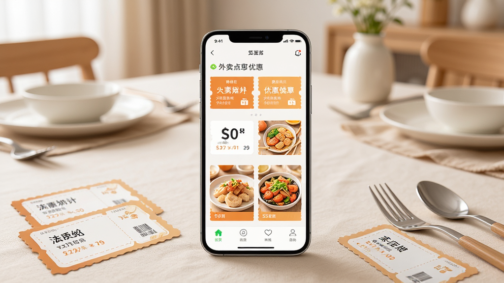 画面中央是一部智能手机,屏幕上显示着外卖点餐优惠多的应用界面,界面中有各种优惠券图标和美食图案,背景是温馨的家庭餐桌场景,布局简洁明了,风格清新现代,细节包括手机周围散落着几张优惠券卡片和餐具,画质高清,干净,无多余元素