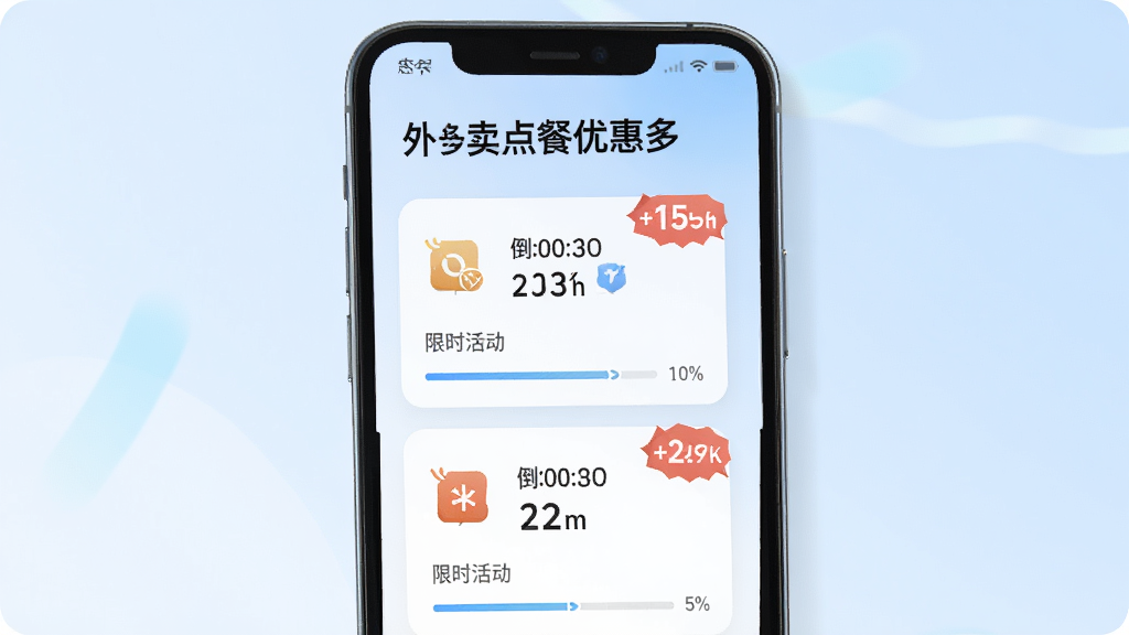 手机屏幕显示外卖点餐优惠多的活动推送界面,顶部有外卖点餐优惠多文字,界面中列出多个限时活动卡片,卡片上有倒计时和折扣标签,背景是淡蓝色渐变,布局整齐,风格清新明快,细节包括活动图标和进度条,画质高清,干净,无多余元素