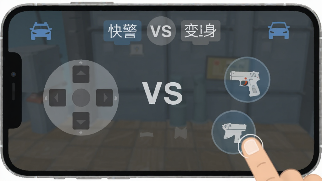 快警VS变身枪 简易操作界面展示 主体为手机屏幕上的虚拟按键 布局左侧摇杆右侧射击按钮 排版简洁明了 风格为扁平化UI 细节包括按钮图标、半透明背景、手指点击示意 画质清晰 干净 无多余元素