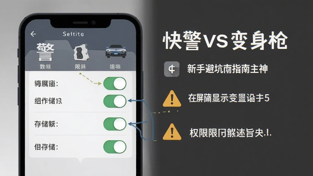快警VS变身枪 新手避坑指南 手机屏幕显示设置界面与权限开关 主体为手机与设置图标 布局左侧手机右侧文字提示 排版上下结构 风格为扁平化信息图 细节包括权限开关、存储条、警告图标 画质清晰 干净 无多余元素