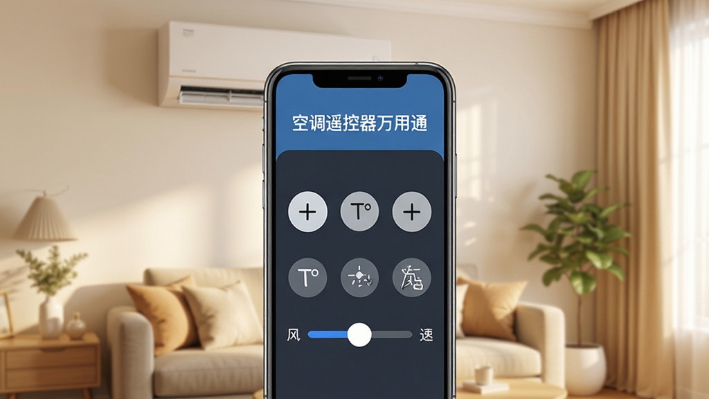 一张展示空调遥控器万用通软件界面的手机屏幕截图,画面中央是一部智能手机,屏幕显示着简洁的空调遥控界面,包含温度加减按钮、模式图标和风速调节滑块,背景是温馨的客厅环境,空调挂机清晰可见,整体风格清新明亮,细节丰富,画质高清,干净无多余元素,图片中文字包含“空调遥控器万用通”