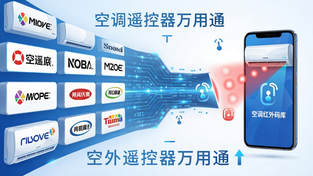 一张展示海量红外码库的抽象概念图,画面左侧是一排排整齐的空调品牌Logo,右侧是手机屏幕发出红外信号连接到空调的示意图,中间有数据流连接,风格科技感十足,色彩以蓝色和白色为主,细节清晰,画质高清,干净无多余元素,图片中文字包含“空调遥控器万用通”