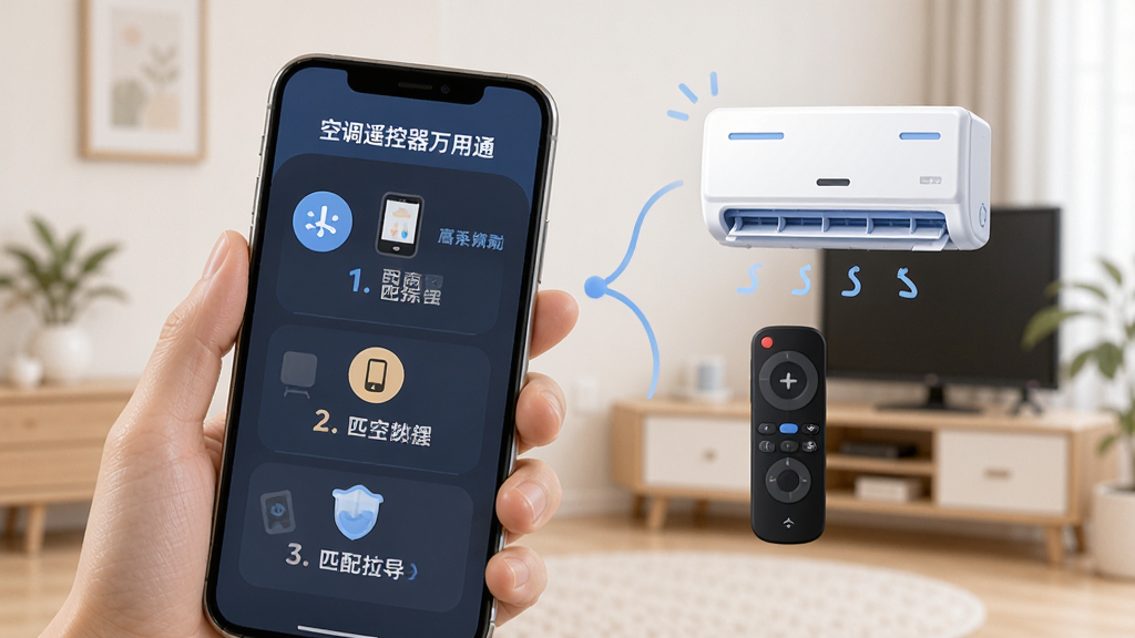 一张展示智能匹配向导操作流程的图片,画面中一只手拿着手机,屏幕上显示着一步一步的匹配指引,旁边有虚拟的空调和遥控器图标,背景是简约的居家环境,风格友好亲切,细节丰富,画质高清,干净无多余元素,图片中文字包含“空调遥控器万用通”