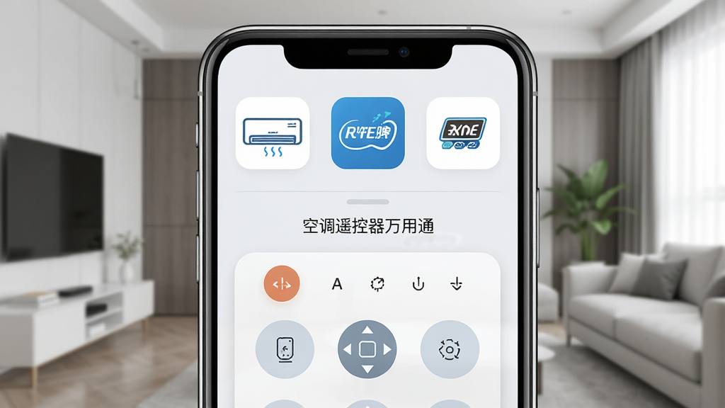 一张展示多品牌遥控器切换界面的手机截图,屏幕上方有多个空调品牌图标,下方是当前选中的遥控器控制面板,背景是整洁的家居环境,风格清爽现代,细节清晰,画质高清,干净无多余元素,图片中文字包含“空调遥控器万用通”