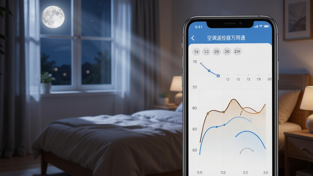 一张展示定时与睡眠模式设置界面的图片,手机屏幕上显示着时间轴和温度曲线图,背景是夜晚的卧室,月光透过窗户洒入,风格宁静温馨,细节丰富,画质高清,干净无多余元素,图片中文字包含“空调遥控器万用通”