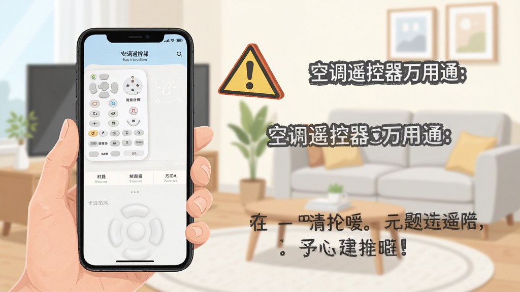 一张展示新手使用空调遥控器万用通避坑指南的插画,画面中手机屏幕显示权限设置界面,旁边有警示图标和提示文字,背景是简洁的家居环境,风格清晰明了,细节丰富,画质高清,干净无多余元素,图片中文字包含“空调遥控器万用通”
