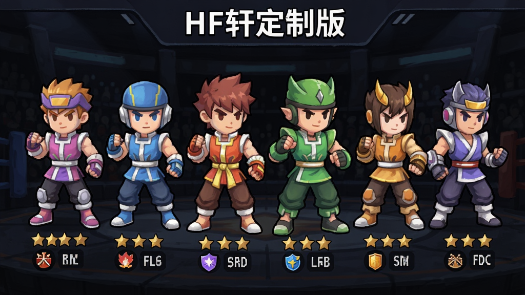 一张展示HF轩定制版角色选择界面的插画,画面中有六个不同颜色和造型的卡通格斗角色并排站立,每个角色下方有星级和属性图标,背景为深色竞技场风格,顶部有