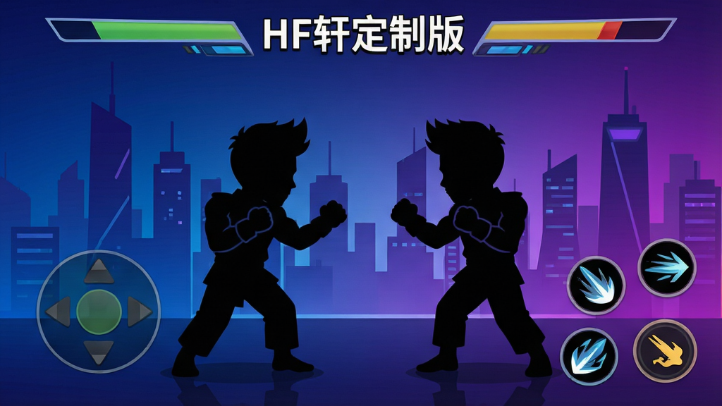 一张展示HF轩定制版格斗游戏主界面的手机截图风格插画,画面中央是两名卡通格斗角色对峙的剪影,背景为深蓝色渐变到紫色的科幻城市天际线,界面底部有虚拟摇杆和技能按钮图标,上方显示