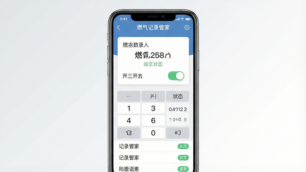 一张竖版手机应用界面展示图,画面中央是一部智能手机,屏幕上显示“燃气记录管家”应用主界面,界面顶部有软件名称“燃气记录管家”字样,中部为燃气表读数录入卡片与开关状态切换按钮,底部为记录列表,背景为干净的浅灰到白色渐变,整体采用扁平化移动端UI风格,细节包括数字键盘、日期选择器、状态标签,画质清晰,画面干净,无多余元素