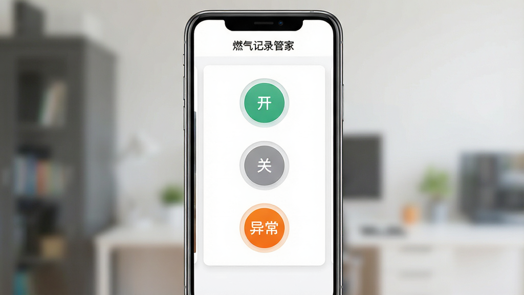 一张手机应用界面示意图,画面中手机屏幕显示“燃气记录管家”的开关状态标记页面,屏幕上有三个圆形按钮分别标注“开”“关”“异常”,其中“异常”按钮为橙色高亮,背景为白色卡片式布局,顶部有“燃气记录管家”文字标识,整体风格简洁明快,画质清晰,画面干净,无多余元素