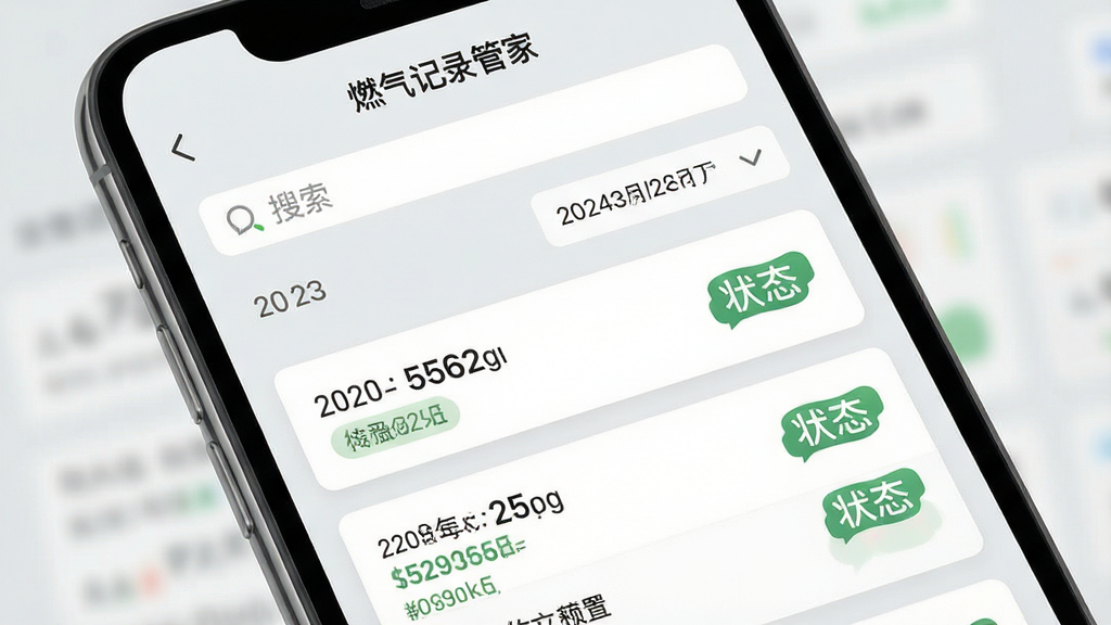 一张手机屏幕展示图,画面中“燃气记录管家”的历史记录查询页面,屏幕上方为搜索框与日期筛选栏,下方为按时间排列的记录卡片列表,每张卡片显示读数与状态标签,背景为浅灰色,顶部有“燃气记录管家”字样,整体为清爽的列表式布局,画质清晰,画面干净,无多余元素