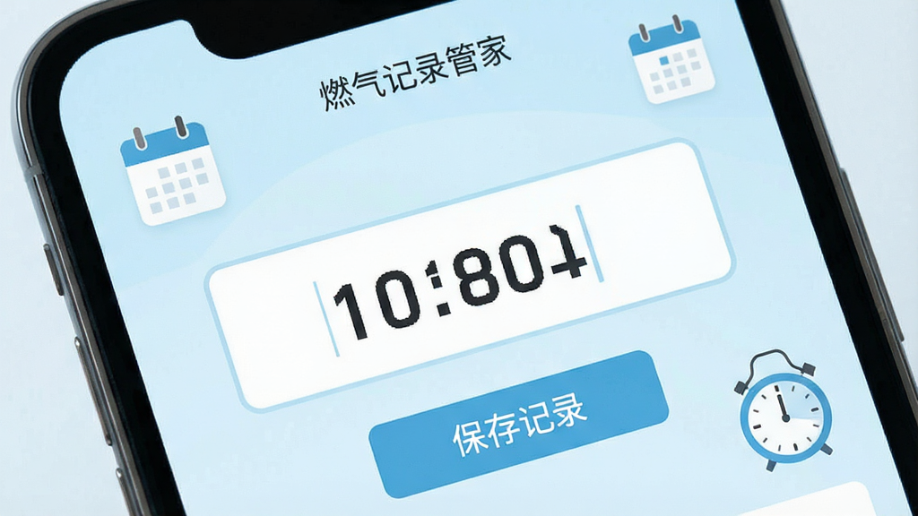 一张手机屏幕特写图,画面展示“燃气记录管家”的燃气读数录入页面,屏幕中央是醒目的数字输入框,上方显示“燃气记录管家”小字标题,下方有“保存记录”按钮,周围环绕着简约的日历图标与表盘图标,整体为浅蓝色调,扁平化设计风格,画质清晰,画面干净,无多余元素