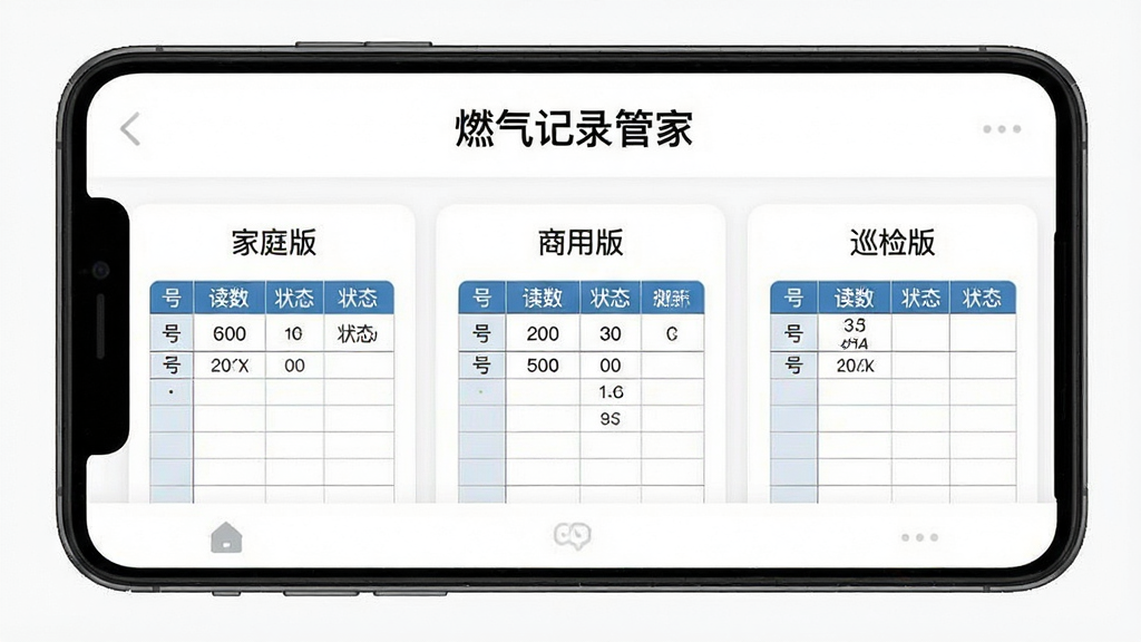 一张手机应用截图风格图,画面展示“燃气记录管家”的表格模板选择界面,屏幕上有三张并排的表格缩略图,分别标注“家庭版”“商用版”“巡检版”,每张表格内可见表号、读数、状态等字段,背景为白色,顶部有“燃气记录管家”标题,整体为卡片式布局,画质清晰,画面干净,无多余元素