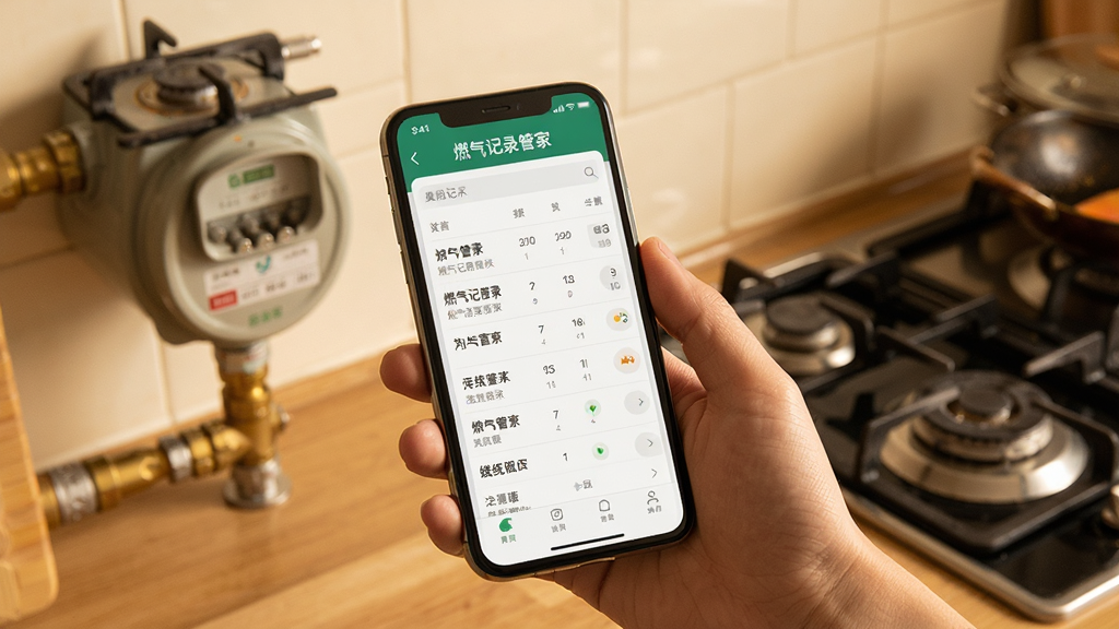 一张手机使用场景图,画面中一只手拿着手机,手机屏幕上显示“燃气记录管家”的记录列表页面,背景是厨房环境,有燃气表与灶台,手机屏幕内容清晰可见,整体色调温暖,写实风格,画质清晰,画面干净,无多余元素