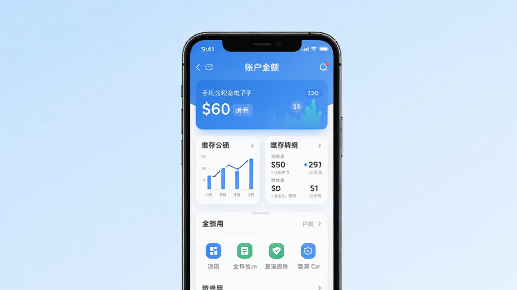 手机公积金电子管家应用主界面展示,画面中央是一部智能手机,屏幕上显示公积金账户余额和缴存明细卡片,背景为浅蓝色渐变,布局简洁清晰,风格为扁平化科技风,细节包括数据图表和功能图标,画质高清干净无多余元素