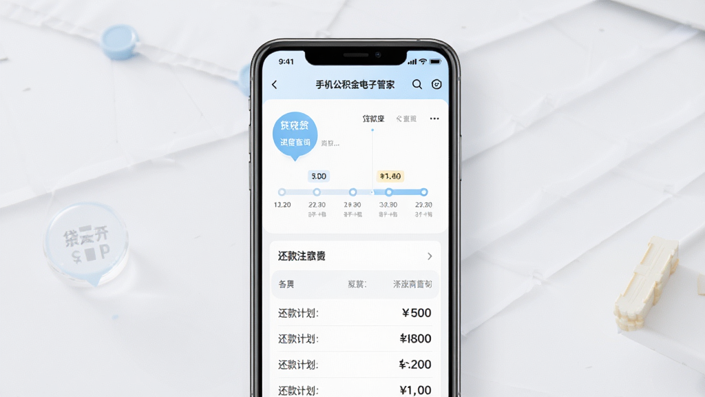 手机公积金电子管家贷款进度查询界面,画面中央为手机屏幕显示贷款进度时间轴和还款计划表,背景为淡灰色,布局纵向排列,风格为清新浅色商务风,细节包括进度节点高亮和金额数字标注,画质高清干净无多余元素