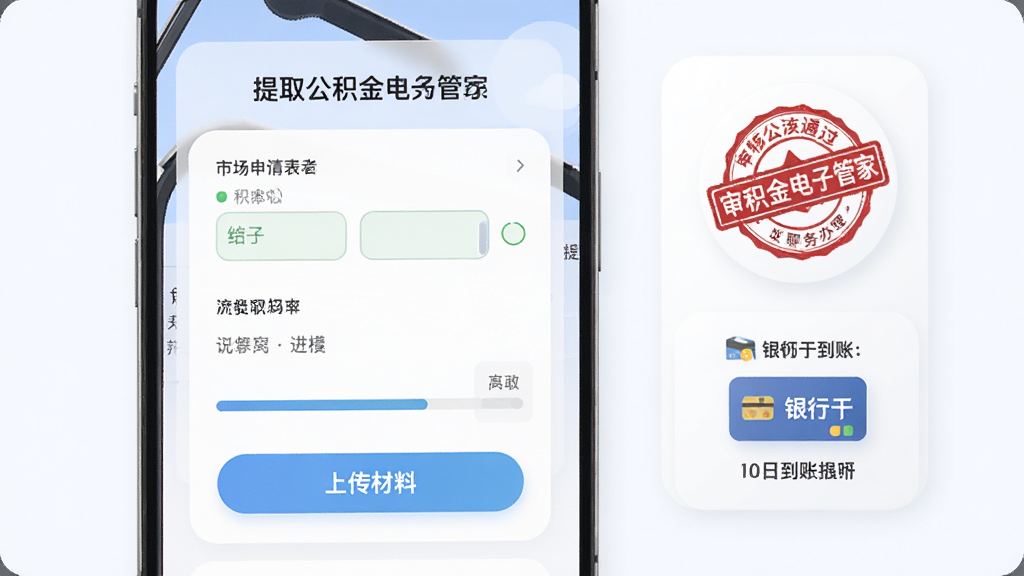 手机公积金电子管家提取业务办理界面,画面展示手机屏幕上的提取申请表单和上传材料按钮,旁边有审核通过印章图标和银行卡到账提示,布局左右分栏,风格为柔和圆角卡片风,细节包括表单填写状态和进度条,画质清晰干净无多余元素