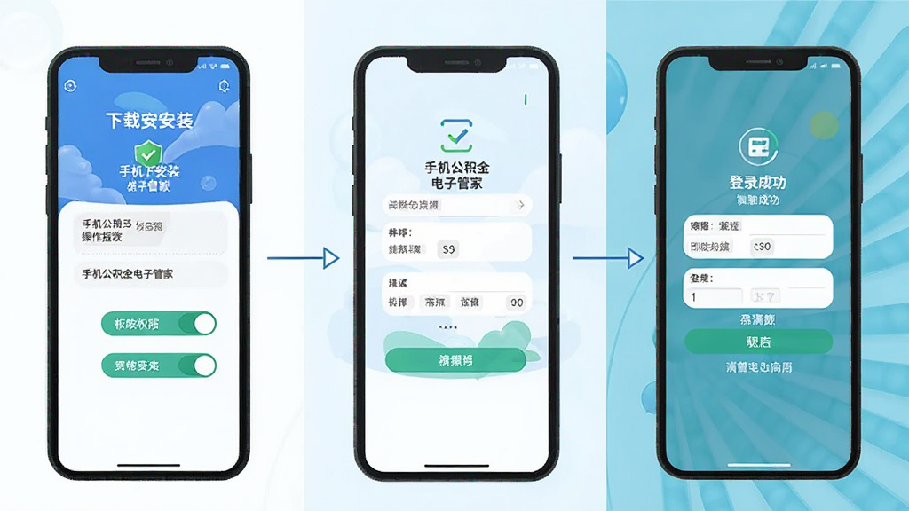 手机公积金电子管家安装与登录操作指引图,画面展示手机屏幕从下载安装到登录成功的步骤流程,布局为纵向步骤条,风格为扁平化教程风,细节包括权限开关图标和登录表单,画质高清干净无多余元素