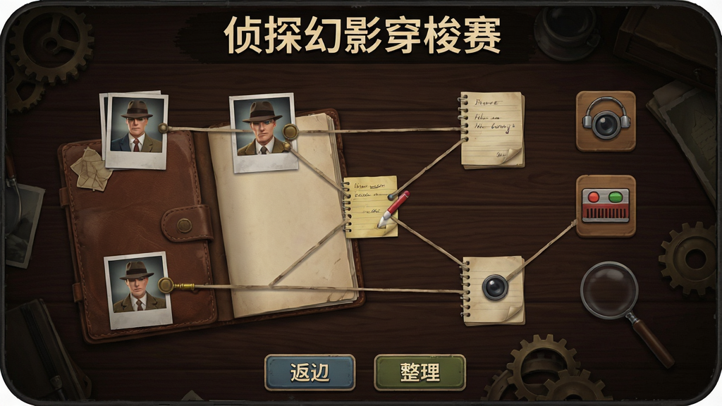 侦探幻影穿梭赛游戏界面,展示侦探手册与线索收集页面,屏幕上排列着照片、笔记和录音图标,部分线索之间有连线标记,背景是深色木质桌面纹理,游戏名称