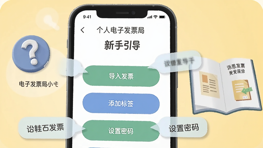 一幅AI生成的图片,画面展示一部手机屏幕上显示个人电子发票局的
