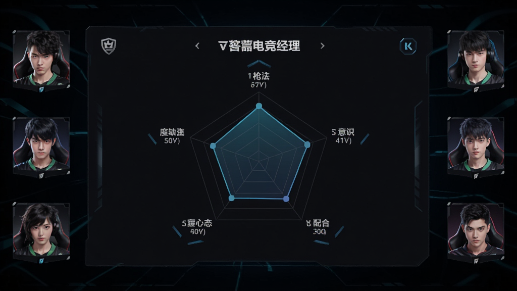 一张展示电竞选手能力雷达图的游戏界面,画面中央是三角洲电竞经理的选手详情页,雷达图显示枪法、意识、配合、心态等属性数值,背景为深色科技风格,周围有战队其他成员的小头像,布局简洁,画质清晰干净