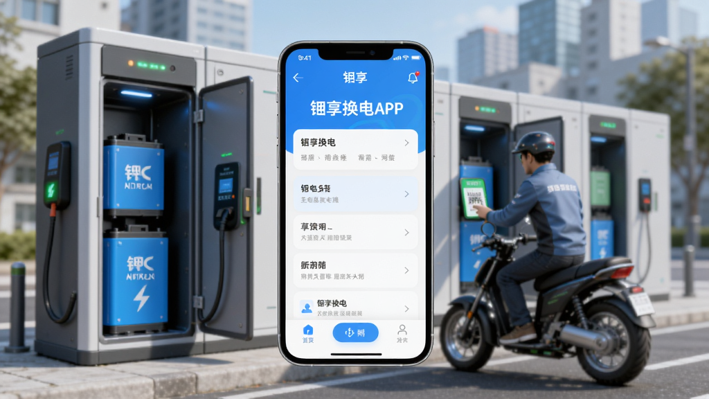 画面主体为一部智能手机,屏幕上显示锂享换电APP的首页界面,背景为城市街道旁一排整齐的智能换电柜,柜门呈打开状态并露出蓝色电池,一位骑手正扫码换电。布局采用中心构图,手机与换电柜形成前后景深。排版简洁,风格为现代科技感写实插画,细节包括换电柜上的指示灯、电池上的品牌标识、手机屏幕的UI元素。画质为4K高清,干净明亮,无多余元素。