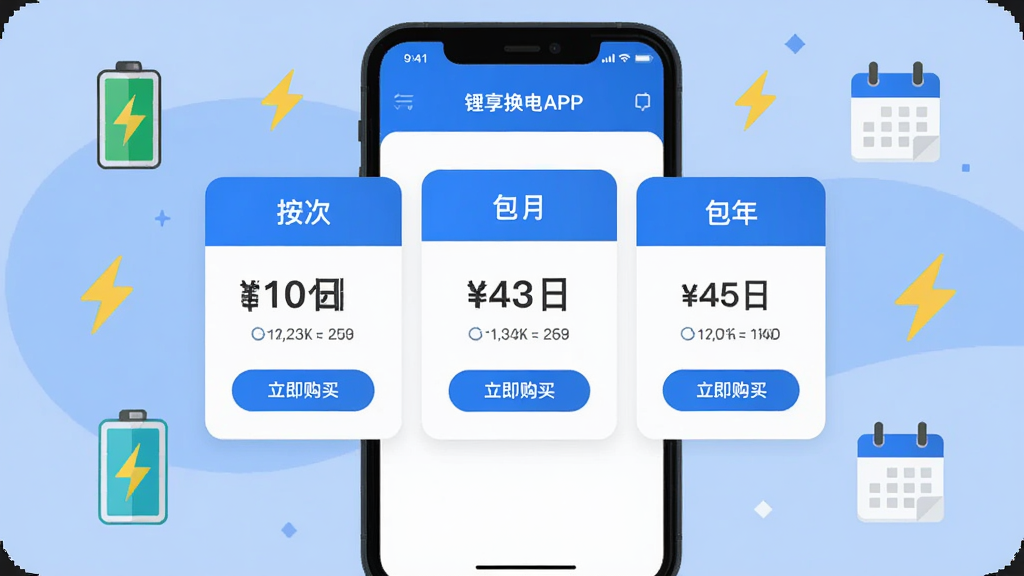 锂享换电APP的套餐购买页面截图风格插画,画面中展示三个不同价位的套餐卡片,分别标注按次、包月、包年选项,卡片上有价格数字和“立即购买”按钮。布局为手机屏幕居中展示,周围环绕着电池、闪电、日历等小图标。风格为扁平化UI设计风格,配色以蓝白为主。画质清晰锐利,排版整洁,无多余装饰元素。