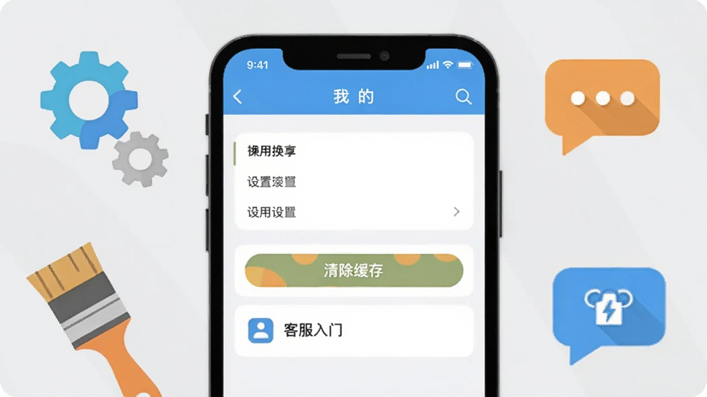锂享换电APP“我的”页面截图风格插画,画面中展示设置菜单、清除缓存按钮、客服入口等选项,手机屏幕周围有齿轮、刷子、对话气泡等图标点缀。布局为手机居中,背景为浅灰色。风格为扁平化设计,配色清爽。画质高清,排版清晰,无多余元素。