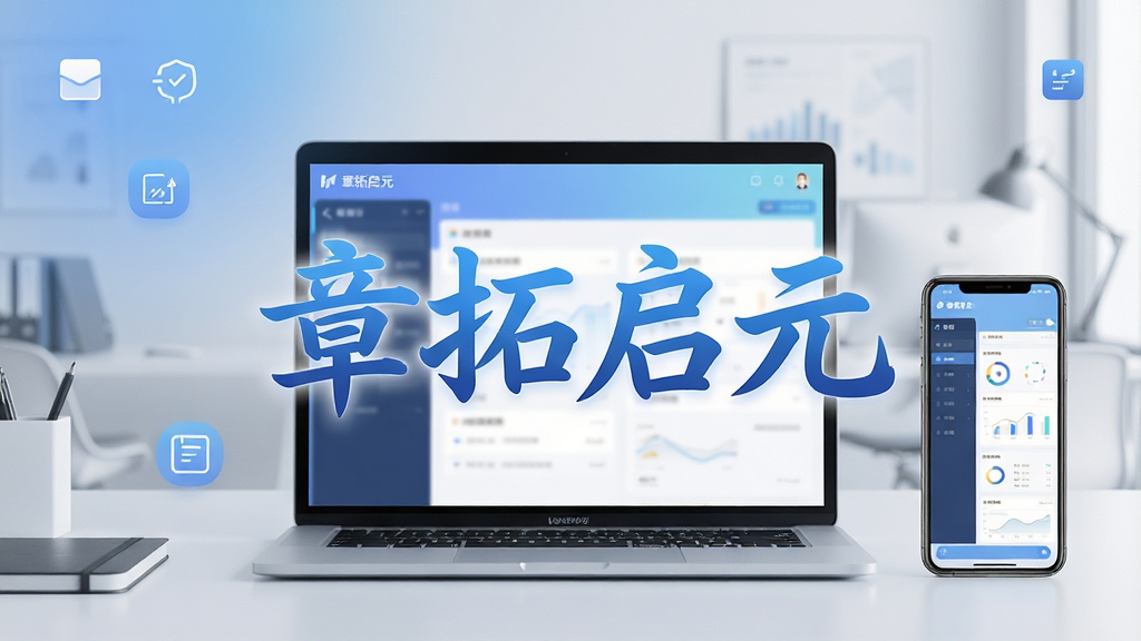 一张展示章拓启元软件主界面的预览图,画面中央是软件名称“章拓启元”的艺术字,背景为现代简约办公场景,有笔记本电脑和手机屏幕展示软件界面,布局为居中构图,风格为清新商务科技风,细节包括柔和的蓝色渐变和简洁的图标装饰,画质高清,干净,无多余元素